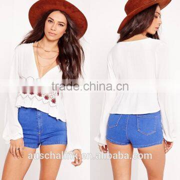 Lady White Cropped Long Sleeve Hotsale Elegant Satin Blouses photo-6