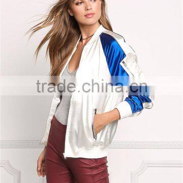 MGOO Fashion Foshan Manufacturer Custom Satin Baseball Jackets For Women White And Blue Block Bomber Jackets photo-5