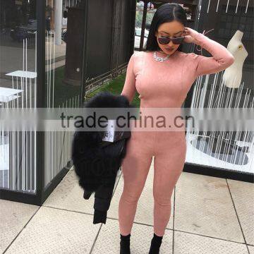 Runwaylover 074 New Style 2017 Ladies Fashion Two Piece Suits , Women Suede Crop Top And Tight Pants photo-5