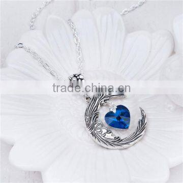 New Fashion Necklace Textured Link Cable Chain Antique Silver Glass Royal Blue Heart Moon Pendant Face Carved 68.0cm Long
