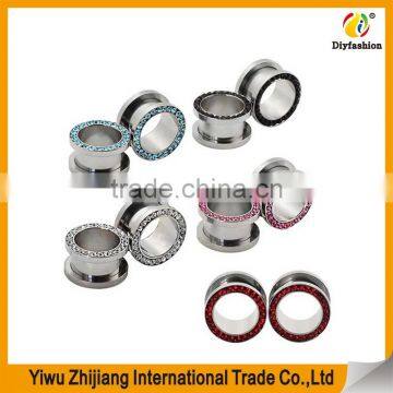 Stainless Steel Multi-Colored Single Row Gem Screwd Flesh Tunnel Ear Tunnels