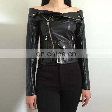 Instyle Women Pu Leather Jacket Wholesale Off Shoulder Leather Coat With Zipper photo-2