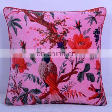 Indian Beautiful Bird Floral Cushion Cover Velvet Fabric Handmade Pattern Pillow Case Throw Decorative