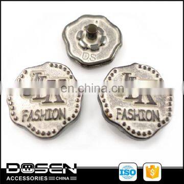 Antique Finishing Floral Shape Custom Brand Emboss Logo Letters Clothing Metal Snap Button Cover Button Kit Double Snap Button