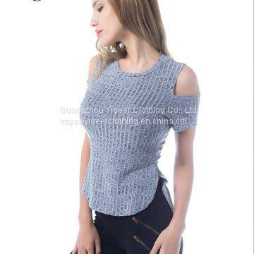 Short Sleeve O neck Cutout Shoulder Fitting Knitted Blouse