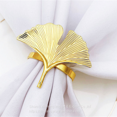 Ginkgo Leaf Plant Metal Napkin Rings Gold Table Cloth Napkin Buckle Holders