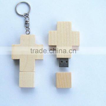Promotional Fashion Cross Shape Customized Wooden Usb Flash Drive