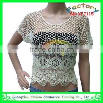 Export fashion round neck design short sleeves ivory color cotton embroidery blouses