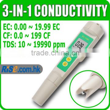 Waterproof Conductivity Tester 19990 ppm Aquarium 3-in-1 Digital EC CF TDS Meter