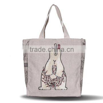 Cute Bear Linen Cotton Material Bear Embroidery Big Size Girl's Tote Bag Wholesale