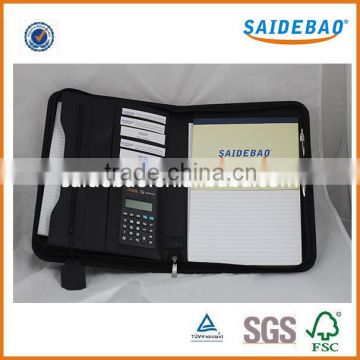 High quality PU leather A4 portfolio folder with zipper and calculator