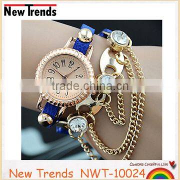 Alloy beads fashion leather lady bracelet watch for some jewerly with rhinestone