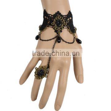 Lace Bracelet Women Charm Black Teardrop Rhinestone with Ring Alloy Chain