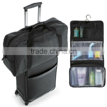 3-Piece Black Nylon Luggage Set including 4-wheel carry-on, toiletry kit and duffel