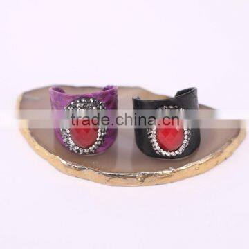 Charm Red Gem Natural Stone Ring, Snakeskin Rings, Oval Shape Pave Setting Crystal Jewelry Finger Druzy Gem Ring