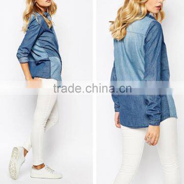 Long sleeve two color block grace blue wash denim shirt
