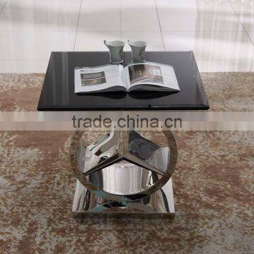 fashionable black galss side table with mirror silver stainless steel base