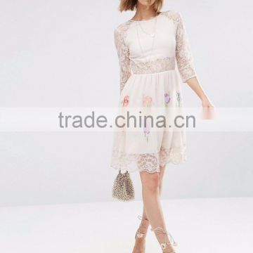 women's Skater Dress With Lace Sleeves and Neon Embroidery