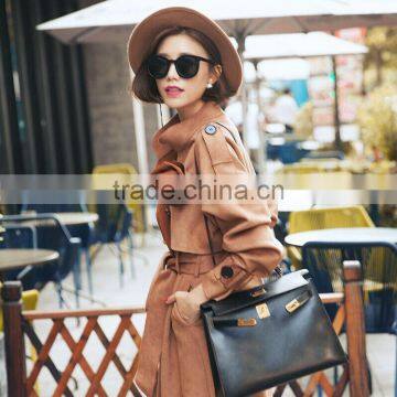 Women Fashion Brown European style long sleeve tie waist military wool long coat