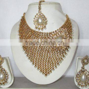 Polki Gold Tone Pearl Bollywood Necklace EARRING Set Bridal photo-4