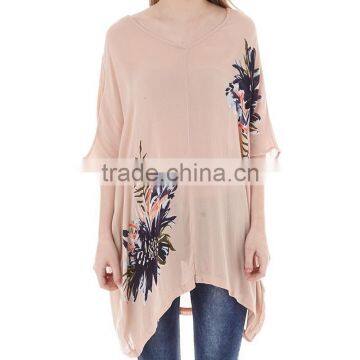Plus Size Long Shirt Loose Women Top Half Sleeve Plain Blouses With Floral Print In Front China photo-2