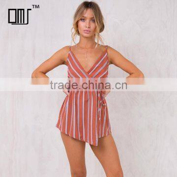 Simple linen cotton clothing models for women fashion striped playsuit