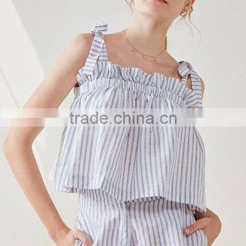 Two Piece Tie Shoulder Casual Women Linen Tank Top and Shorts Clothing Set photo-6