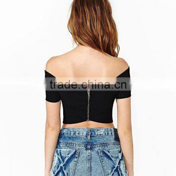 Women's Cross Front Back Zipper Strapless t Shirt photo-2