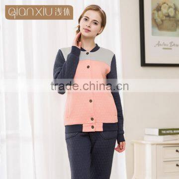 Super Grade Qianxiu Wholesale Long Sleeve Couples Home Suit Buttons Down Women Thermal Pajamas