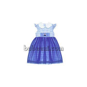 Navy blue plaid party smocked dress - DR 2344