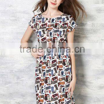 Wholesale Women Short Sleeve Digital Printed Elegant Slim Midi Dress Ladies Casual Chiffon Dresses photo-3