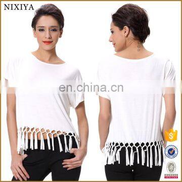 Tassel Design Short Sleeve Women Fashion Garment White Tops