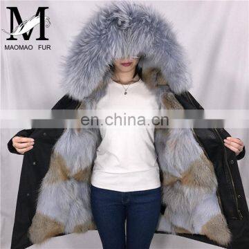 2017 Top Fashion Womens Genuine Wolf Fur Lining Parka with Large Raccoon Fur Hood