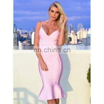 Women dresses summer pink spaghetti strap mermaid midi sexy bandage dresses