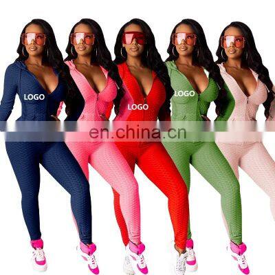 Customized Logo Polyester Sexy Workout Clothes Long Sleeve Full Zip Jacket Leggings Women's Two-piece Fitness Training Suit