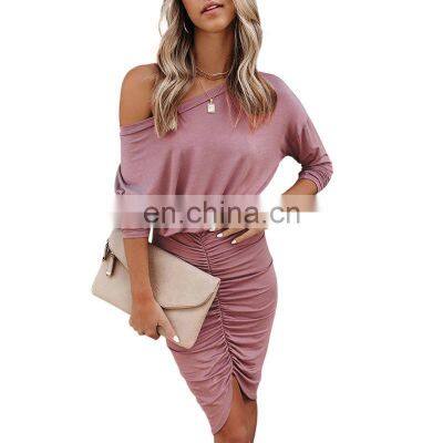 Manufacturer wholesale custom women's round neck sexy pleated irregular dress high waist solid color fashion mid-length skirt