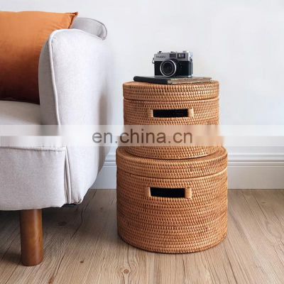 High Quality Round Rattan Woven Storage Basket With Lid Wicker Hamper Chest Storage Basket Wholesale Supplier