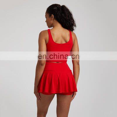 Fashion New Tennis Golf 2-In-1 Mini Skirt Sports Crop Bra Tank Top 2 Piece Gym Fitness Yoga Suit Set Women Casual Workout Wear photo-3