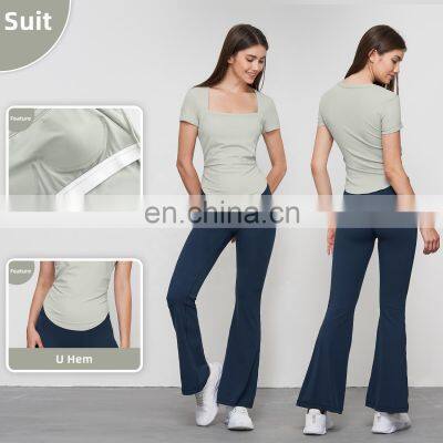 Square Collar Women Sport T-Shirts Wholesales Quick Dry U Hem Fitness Tops Summer Outdoor Yoga Wear photo-4