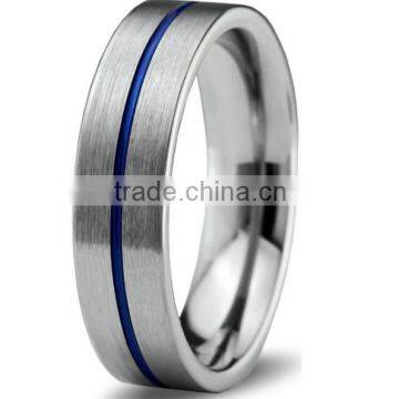 Tungsten Wedding Band Ring 6mm for Men Women Blue Silver Flat Pipe Cut Brushed Polished Rings