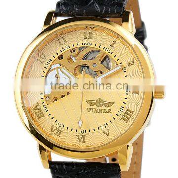 Gents Men's Golden Case Skeleton Dial Hand-Wind Up Leather Mechanical Watch