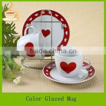 LJ-4420 ceramic mug with saucer / ceramic mug with heart design / plain white ceramic mug