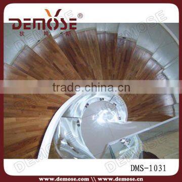 prefabricated spiral stairs with glass railing and wood steps