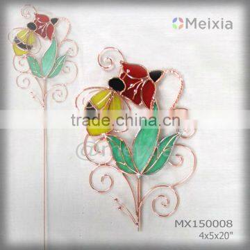 MX150008 wholesale tiffany style stained glass ladybug flower decoration garden metal stake