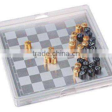 mini travel plastic casing with metal painting international chess board