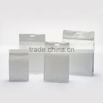 matte white quad seal box pouch square bottom plastic coffee beans/tea packaging bag with zipper and hanger hole