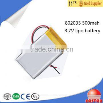 2016 china manufacturer 802035 500mah lithium polymer battery for headlamp