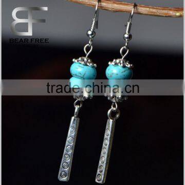 Vintage Silver Color Fashion Jewelry Turquoise Beads Drop Earrings