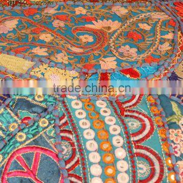 Blue Vintage Sari Fabric Round Ottoman Cover Bohemian Footstool Gypsy Antique Pouffe Cushion photo-3