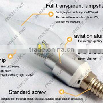 2016 new recommend IC driver led Glowever Candle type LED CLEAR bulb lamp 3w 4w